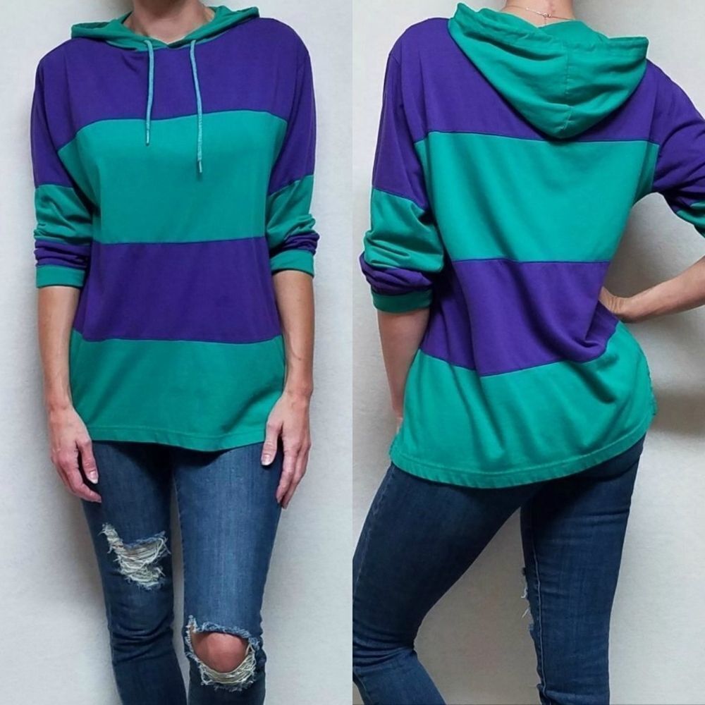 VINTAGE 1980s Carolina Colours Purple Teal Colorblock Long Sleeve Hooded Shirt